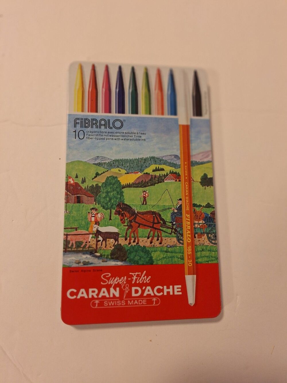 Caran d'Ache Fibralo Fibre Felt/Brush Tipped Markers. Swiss Made Metal Tin READ